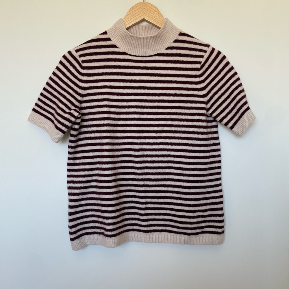 LOFT Cream Burgundy Striped Short Sleeve Sweater XXS